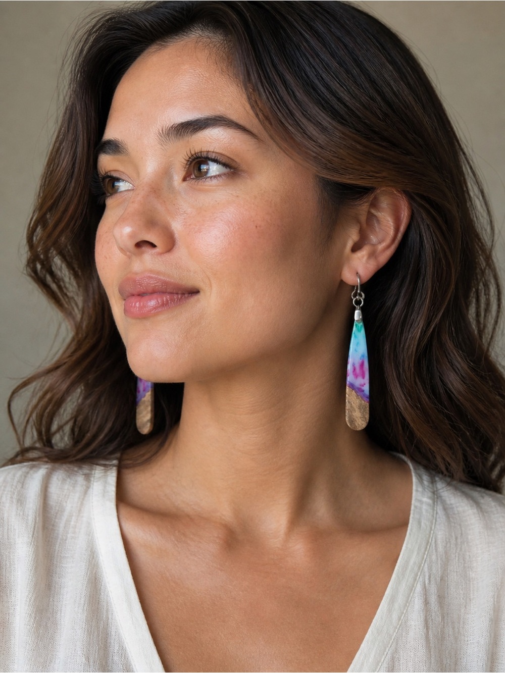 Handcrafted Wood & Resin Drop Earrings – Colorful Gradient💜